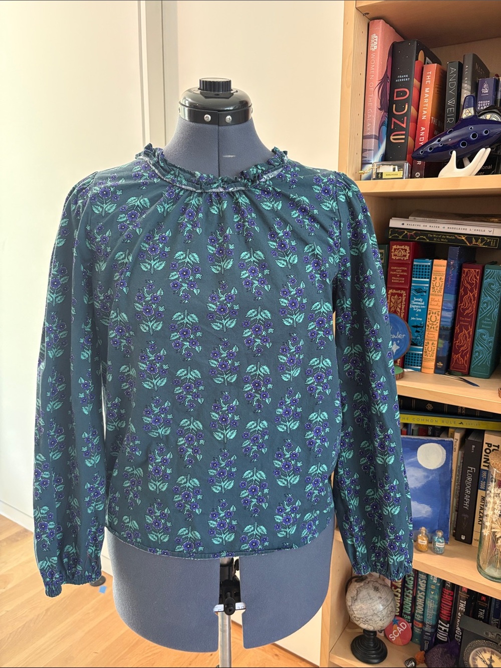 J. Crew Dark Teal Floral Long-Sleeve Blouse